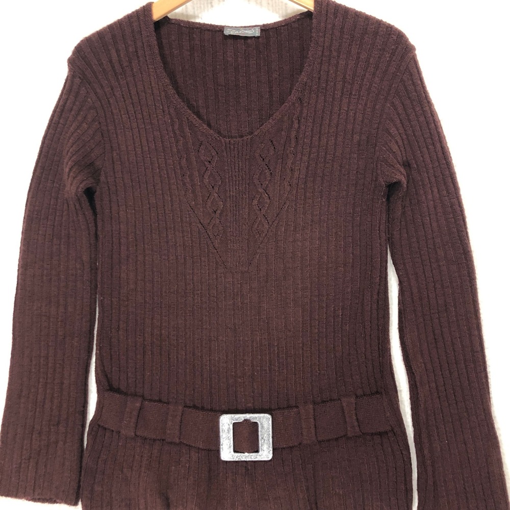 Les Zazies Paris‎ Sweater Dress Ribbed Knit V Neck Belted Brown S